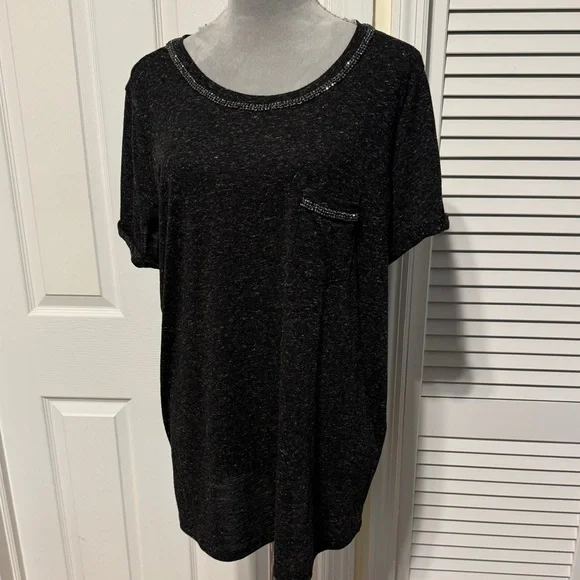 Torrid Classic Fit Jersey Crew Neck Rhinestone Pocket Roll Sleeve tee - Picture 4 of 6